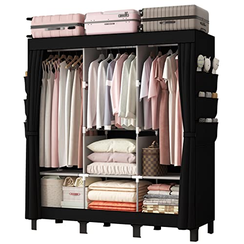 LOEFME Canvas Wardrobe 172 * 130 * 45cm, Wardrobes for Bedroom, New Base Design Fabric Bedroom Wardrobes with 2 Hanging Rails and 18 Side Bags, Fabric Closet, Cheap Folding Wardrobe, Black