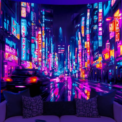 WEBEEDY Tenture Cyberpunk Ville Néon Réactive à la Lumière Noire UV Luminescente dans le Noir Tenture Murale Poster Tenture Psychédélique Décor Suspendu...