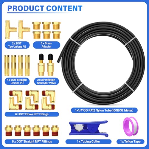 Image of TAILONZ Pneumatic Black 1 /4 inch OD 32 Meter 100ft PA12 Nylon Air Tubing Kits,Pipe Hose Air Line Tubing, Push-to-Connect DOT Brass Fittings (29PCS)