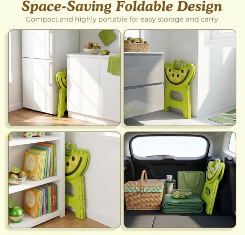 Image of Premium Folding Step Stool for Adults and Kids Non-Slip Folding Stools with Portable Handle, Compact Plastic Foldable Step Stool for Bathroom,Bedroom, Kitchen (Kiwi Green)