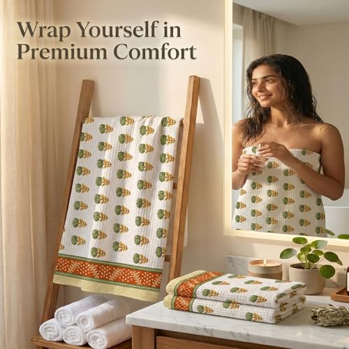 Image of Mafatlal Madhuban Premium Waffle Cotton Set (1 Bath 147x76 cm + 2 Hand 76x38 cm) | 250 GSM | Hand Printed Floral Craft | Rust