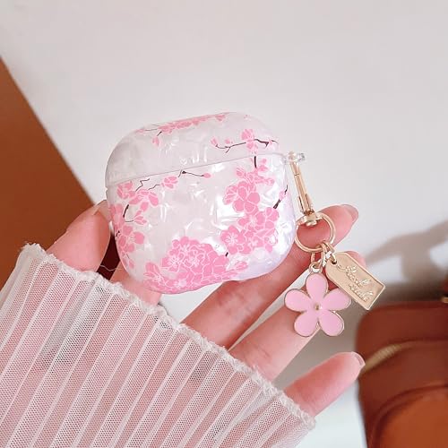 Image of MINSCOSE for Cute Glitter AirPods 4 Clear Case,Cherry Blossom Shell Pattern Aesthetics Design with Trendy Floral Keychain,Soft TPU Protective Cover with Cleaner Kit for AirPods 4-Pink