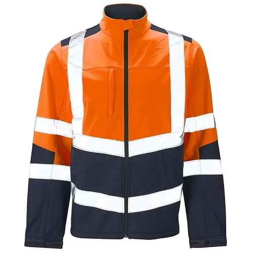 Image of Mens Softshell Jacket Hi Vis Viz High Visibility Reflective & Plain Water Resistant Shower Proof Rain Repellent Windproof Safety Site Coat Workwear Builder Work Wear Warm Top(Orange/Navy,XL)