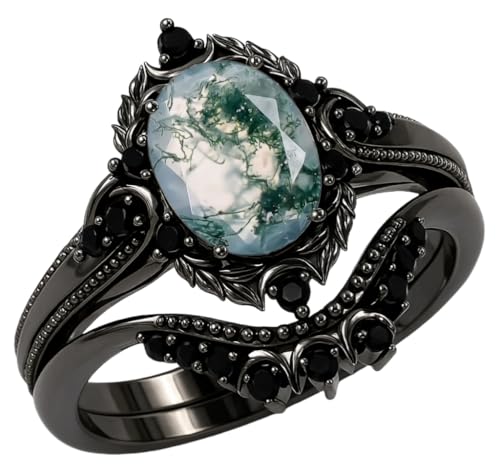 2.0 ctw Moss Agate/Onyx/Opal Ring Set For Women Gothic Black Halo Engagement Bridal Wedding Ring Set 10k/14k/18k Real Gold Natural Oval Cut Moss Rings Gifts For Anniversary Valentine's Day