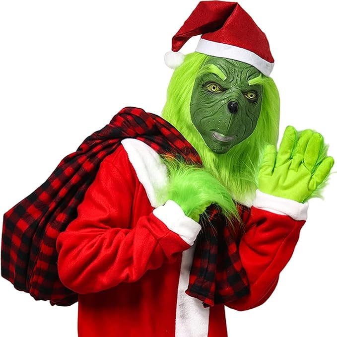 SINSEN Christmas Mask Furry Gloves Hat Green Big Monster Latex Full Head Mask Christmas Halloween Carnival Cosplay Costume Props Fancy Dress Mask for Adults - Image 3