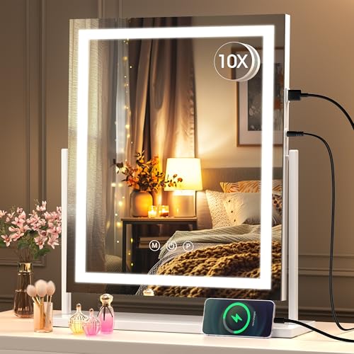 Vanity Mirror with Lights for Makeup, 14x18 LED Mirror, Smart Touch Controls, 3 Color Modes, 10X Magnifying Glass