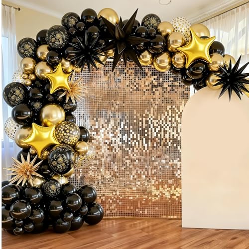 Image of Black and Gold Balloons, Black Gold Fireworks Printed Balloons, Confetti Balloon 4 And 5 point Star Foil Balloon For New Year Graduation Birthday Baby Shower Party Wedding Celebration Retirement Decor