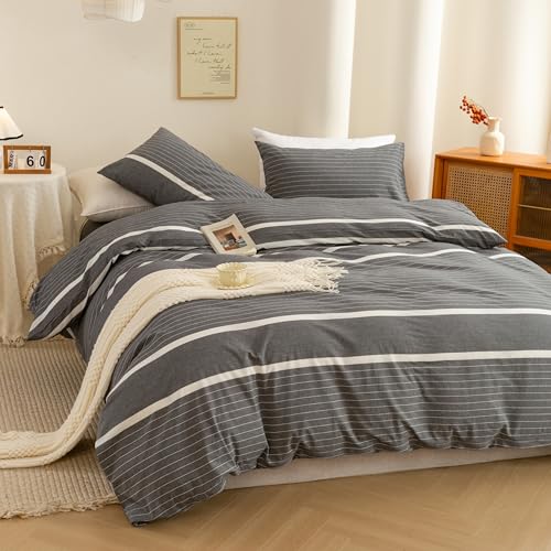 Image of ECOCOTT Grey Striped Duvet Cover Oversized King Size, 100% Washed Cotton 3-Piece Bedding Set - Ultra Soft, Breathable & Easy Care with Zipper Closure and 2 Pillowcases, No Comforter