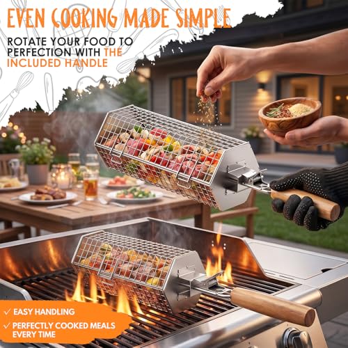 Yaskyly Rollender Grillkorb Set 2-Teilig, Aufklappbares Sechseck-Design, Grill Zubehör mit Abnehmbarer Holzgriff, Edelstahl 304, für Outdoor-Grill, Gemüse, Fleisch und Meeresfrüchte am Außengril