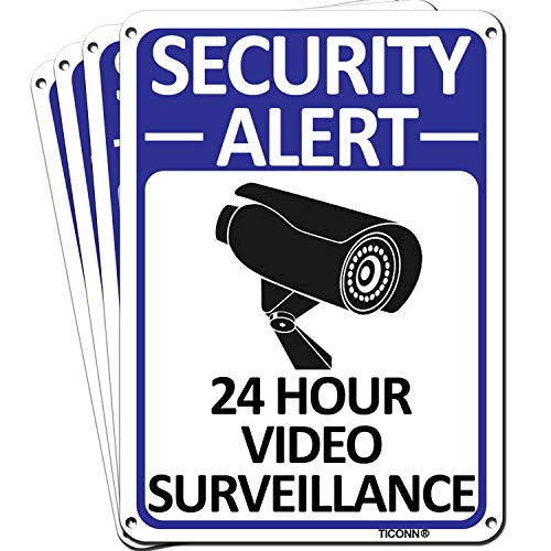 TICONN 4-Pack 24 Hour Video Surveillance Sign, Security Alert Aluminum Sign, 10x7 Inches