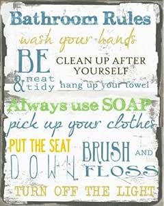 Stampa Su Tela Artistica WTD Con Citazione Per Bagno 'Bathroom Rules' - Quadro Moderno Con Cornice In Legno, Pronto Da Appendere