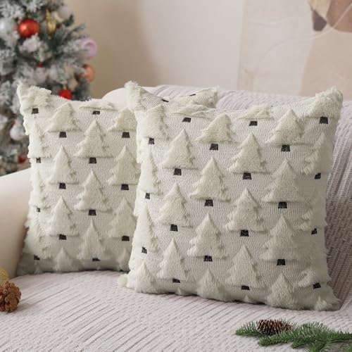 Image of Allorry Christmas Pillow Covers 18x18 inch Set of 2 Christmas Decorations Soft Plush Faux Fur Wool Cream White Christmas Tree Throw Pillow Cases Winter Holiday Decor for Sofa Living Room PT-002D18