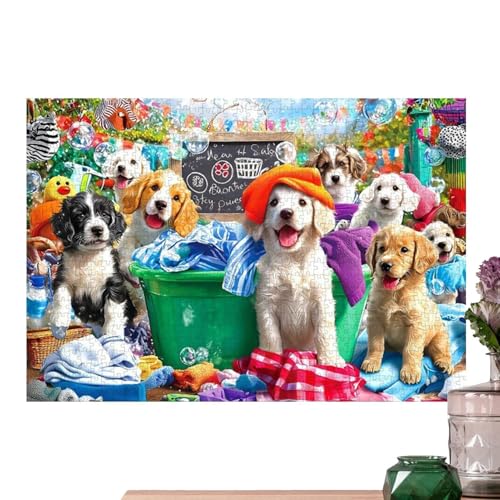 Puzzle de 1000 piezas de perros lavando: juego relajante de animales con letras guía