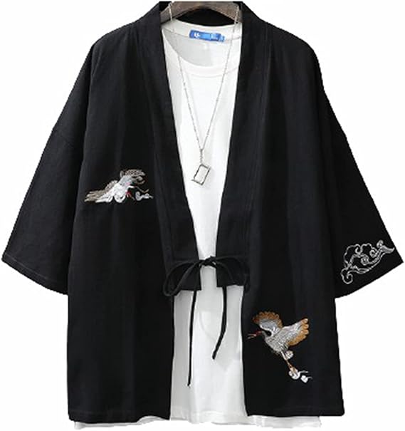 Amazon 男性用 和風パーカー 甚平 鶴柄 クレーン刺繡 漢服 浴衣 シャツ メンズ かっこいい 原宿風 和風 ボタンなし 春夏 前開き ゆったり 日焼け止め 半袖 羽織 一つボタン 速乾 吸汗 肌触りがいい 通気 おしゃれ 轻量 アウトドア 夏祭り 花火大会