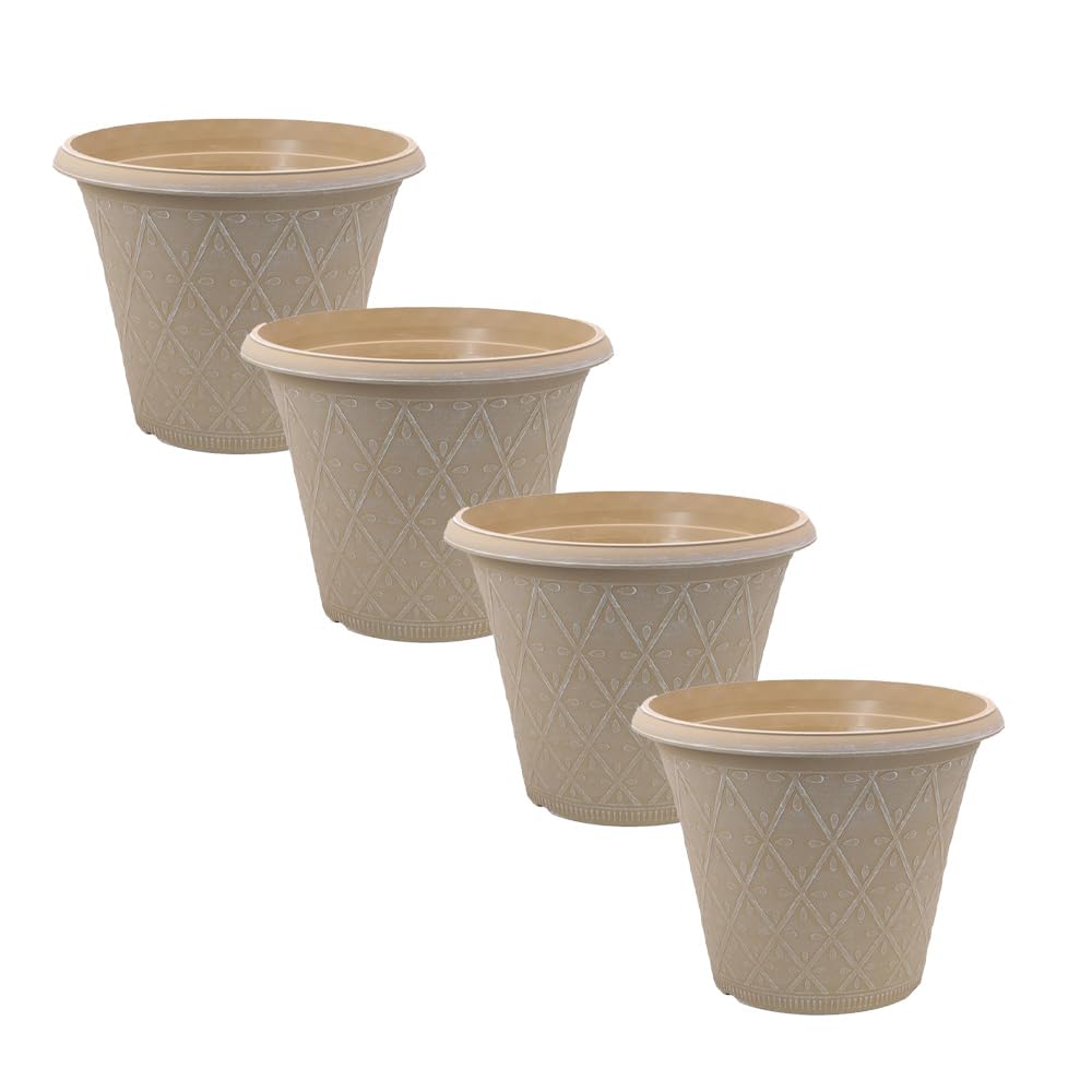 Shopior 30Cm - Ginger Plastic Prisma Planters Round | Festive Garden Planting Pot 9L – Round Garden Plant Pots With Drainage Holes | Weatherproof Decorative Patio Flower Pot (Powdered Ginger, 30Cm - 4Pack)