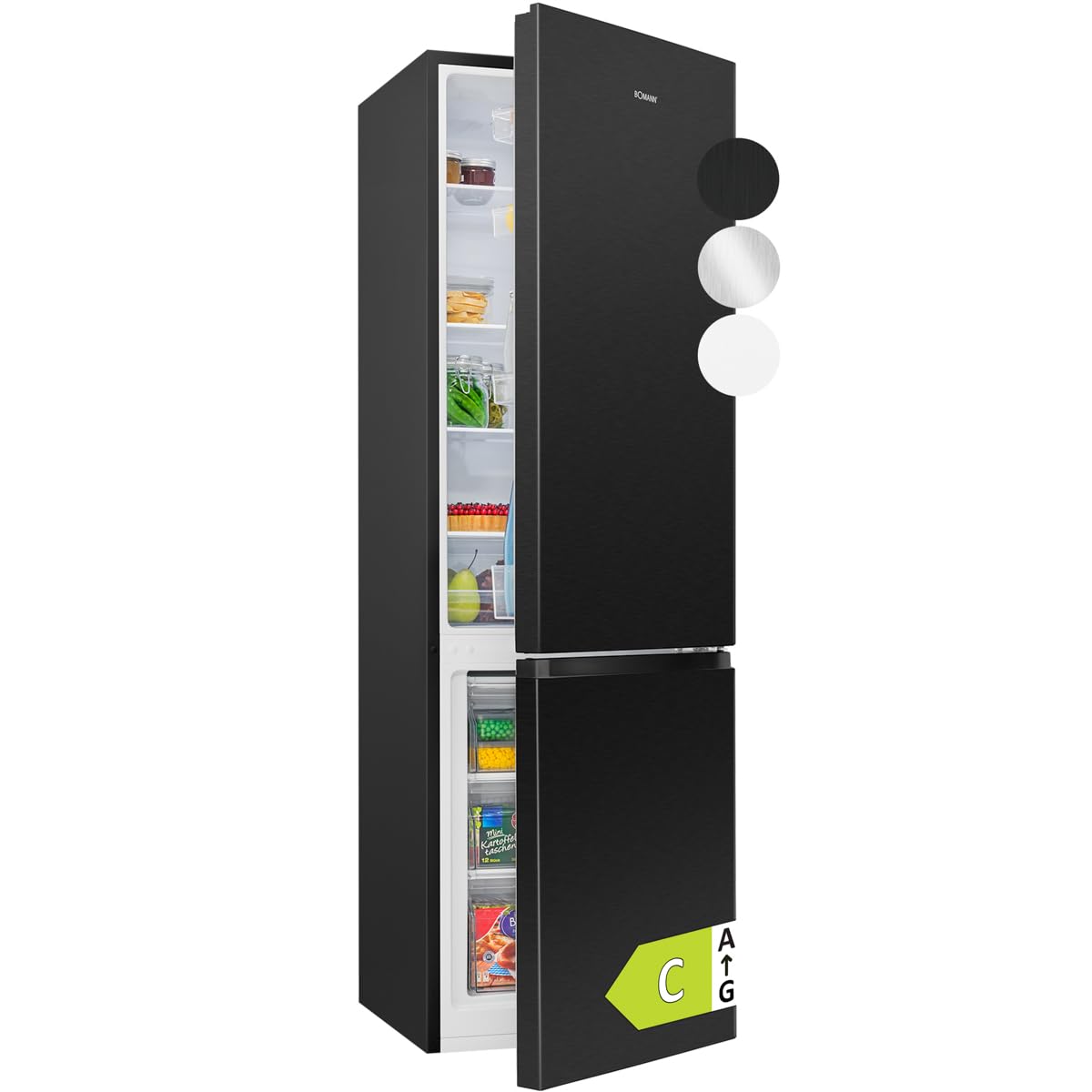 Bomann® Kühlschrank mit Gefrierfach | Energieklasse C | 180cm | Kühl Gefrierkombination leise 36 dB | 4 Ablagen & 3 Schubladen | Türanschlag wechselbar | 268L Kühlgefrierkombi | KG 7353 schwarz