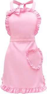 Geyoga Aprons for Women with Pockets Kitchen Cooking Waitress Maid Apron Vintage Skirt Cute Ruffle Dress Costume (Pink,Long Ruffle Style)