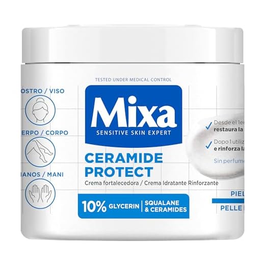 Mixa Crema Corporal Ceramide Protect para pieles muy secas con 10% de [Glicerina + Escualeno + Ceramidas]. Hidrata, fortalece y protege la barrera cutánea. 400 ml.