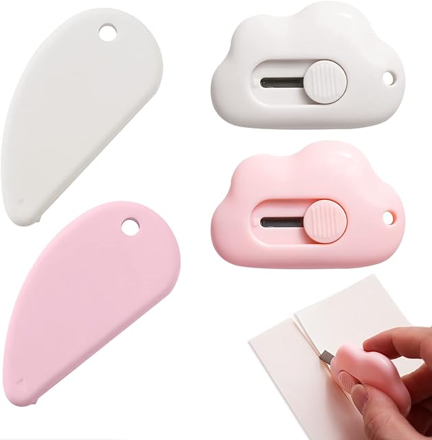 2 Pieces of Ceramic Box Opener and 2 Pieces of Mini Portable Utility Knives, Ceramic Safety Cutter, Telescopic Practical Letter Opener, Mini Box Opener, Used in Homes and Offices (Pink, White)