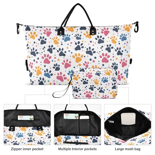 Colorful Paw Print Polka Dot Large Travel Duffle Bag Weekender Overnight Bags Gym Yoga Bag for Women Men with Toiletry Bag2