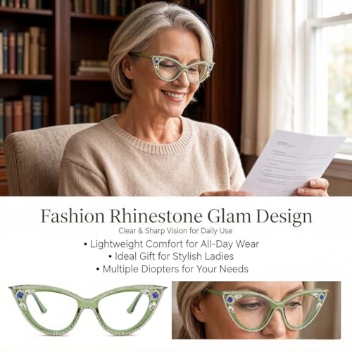 Image of ICARA Sparkling Crystal Retro Cat Eye Frame Bling Rhinestone Reading Glasses for Women Blue Light Blocking Computer Eyeglass