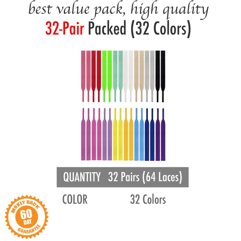 Image of PANGAEA [64 Laces Pack 32 Colors 32 Pair Multi-Color Pack Flat Colored Laces Strings for Sneakers Skates Sport Shoes Boots
