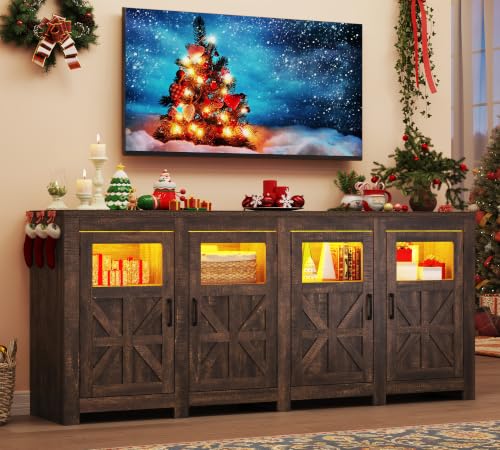 74" Large LED Farmhouse TV Stand for 80/75/70 Inch TVs with Power Outlets ,Tall Entertainment Center Storage Cabinets,Rustic TV Stands for Living Room wAdjustable Shelves,Media Console(Rustic Brown)