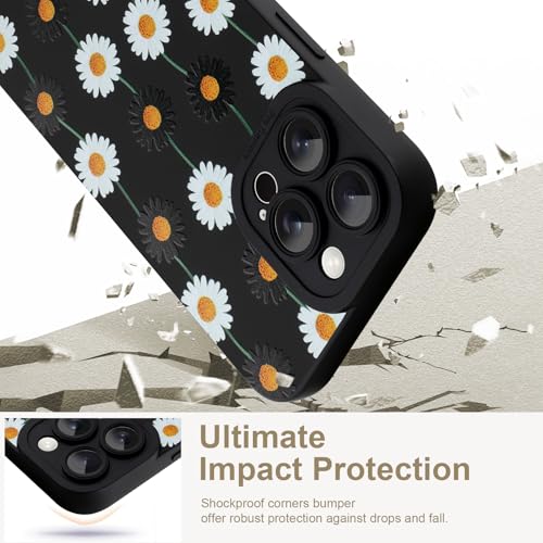 Image of Designed for iPhone 16 Pro Case, Cute Daisy Flower Floral Pattern Design, Slim Soft TPU Liquid Silicone Protective Cover for Women Girls - Black