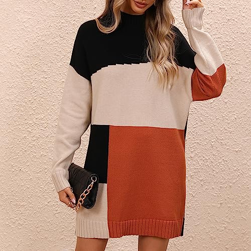 Image of yoeasy Women's Color Block Knit Tunic Sweater Dress Crew Neck Long Sleeve Mini Tunic Pullover Sweater