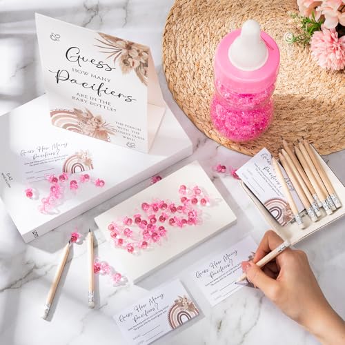 Image of Roowest 512 Pcs Baby Shower Games Guess How Many Pacifiers Sign 100 Small Guessing Games 10 HB Pencils 750ml Milk Bottle 400 Acrylic Pacifiers Decoration for Guest Gender Reveal(Pink,Sunshine)