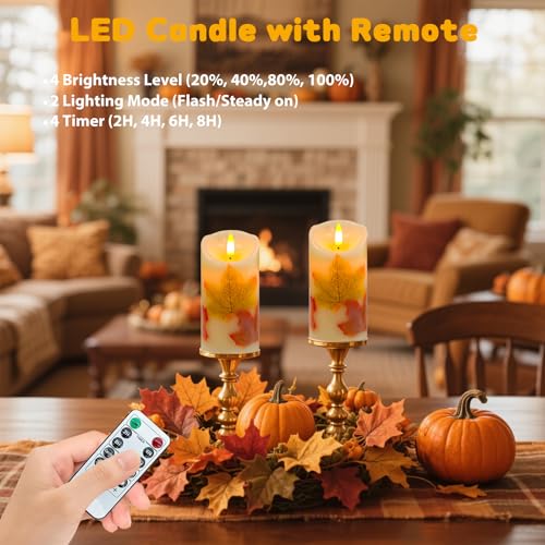 Image of Maple Leaves Flameless Candles Set of 2, Fall Candles with Remote & Timer