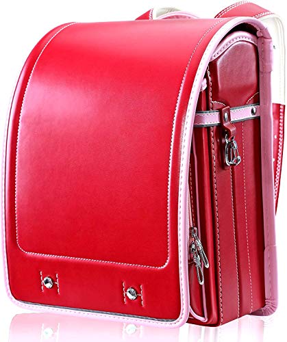 Ransel Randoseru Semi-automatic backpack Japanese school bag for kids girls and boys Senior PU leather Large capacity light weight Rain Cover (red)
