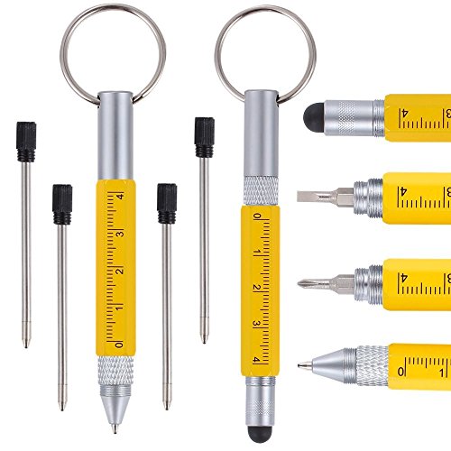 Shulaner 6 in 1 Tech Tool Kugelschreiber mit Lineal, Schlüsselbund, Kugelschreiber, Eingabestift und 2 Schrauber, multifunktionalen Werkzeug Passform für herren vatertag geschenk 2 Stücke (Gelb) Cover