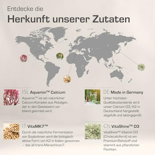 Calcium mit Vitamin D3/K2 | im Glas | Hochdosiert 640 mg | Aquamin natural Calcium aus Rotalgen | natürliches Kalzium | Calcium hochdosiert | vegan, laborgeprüft und in Deutschland hergestellt