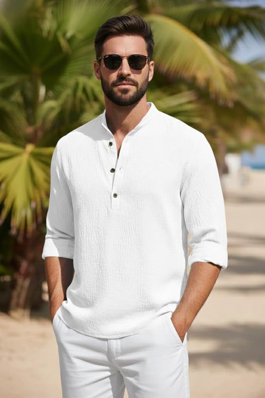Image of Men's Cotton Blend Short Kurta with Collared Neck Full Sleeves Solid Pattern Western Style Regular Fit and Standard Length