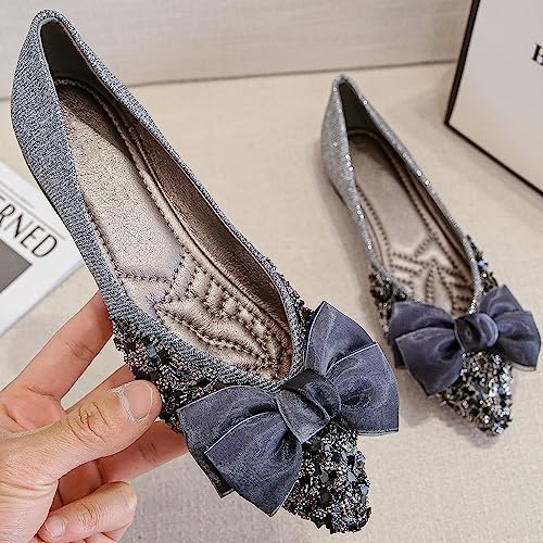 INEELUYI Women's Bowtie Pointy Toe Sweety Style Dress Ballerina Ballet Flats Crystal Bling Formal Working Flat Shoes4