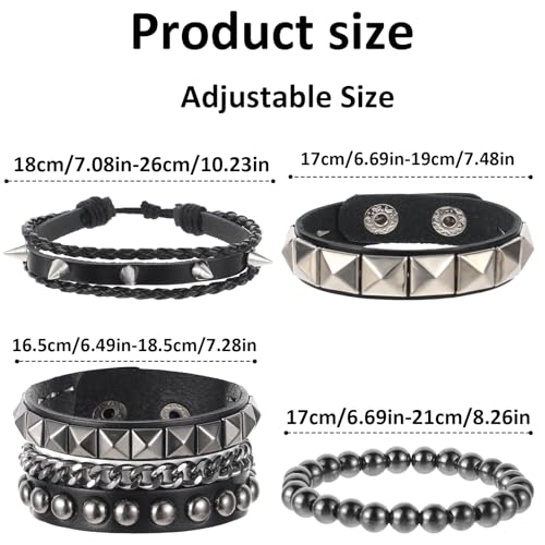 4 Pcs Leather Rock Studded Bracelets, Punk PU Leather Spike Bracelet for Men Women, Leather Cuff Bracelet 80s Wristband Set Adjustable Emo Punk Accessories Grunge Bracelet for Men Women2