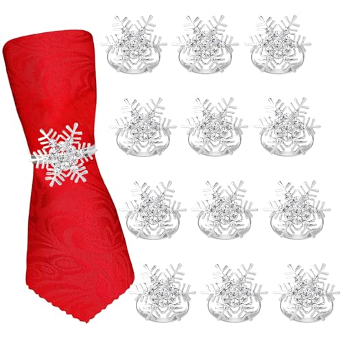 Christmas Napkin Rings, 12 PCS Snowflake Snowflake Silver Napkin Rings Set of 12 Christmas Xmas Table Decoration Napkins Rings for Christmas Lunch Thanksgiving Party Holiday Wedding Table Decoration
