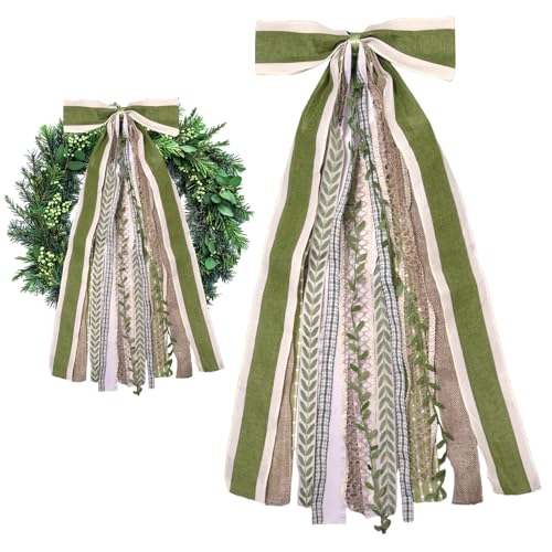 Ftuuo Large Farmhouse Ribbon Bow for Wreath, Green Leaves Fabric Ribbons Set Assorted...