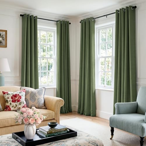 Image of 100% Blackout Shield Linen Textured Total Blackout Curtains for Bedroom 72 Inches Long, Olive Green Grommet Curtains for Living Room, Thermal Insulated Room Darkening Drapes, 50 inch W x 72 inch L, 2 Panels