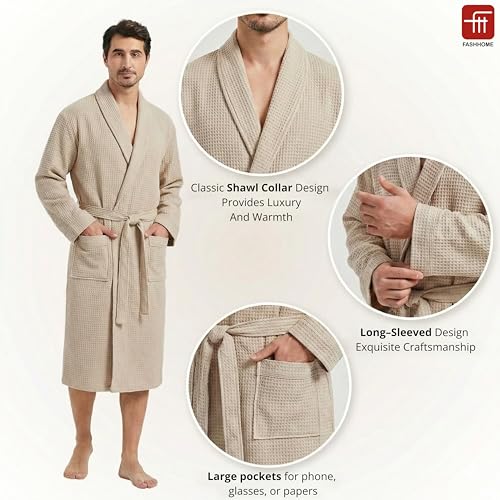 Image of Fash Home-Unisex Bathrobe-Waffle design at Top & Soft TerryTowel inside for quick absorbancy and softness -100% Soft Cotton |Full Size | Perfect for Royal Elite Class Men /Women /Couples (Camel Beige)