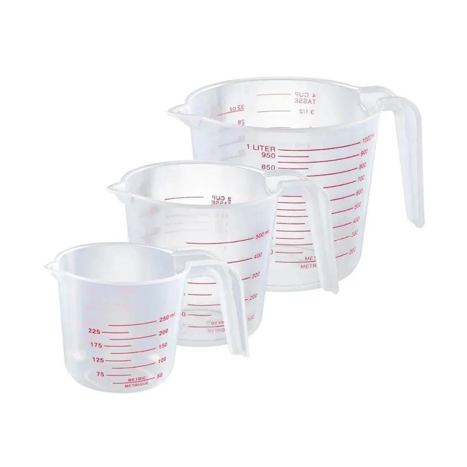 Juego de 3 vasos medidores graduados de plástico transparente de 250-500-1000 ml for cocina, con diseño de asa.
