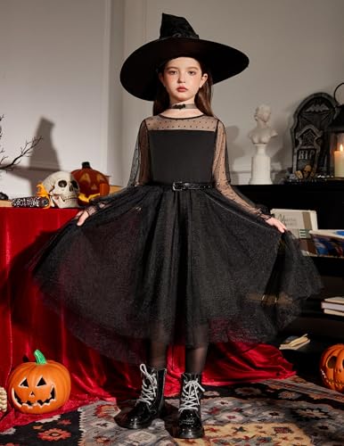 Arshiner Mädchen Kleid Schwarz Halloween Partykleid Winter Langarmkleid High-Low Tüllkleid Beerdigung Kinderkleid 13-14 Jahre