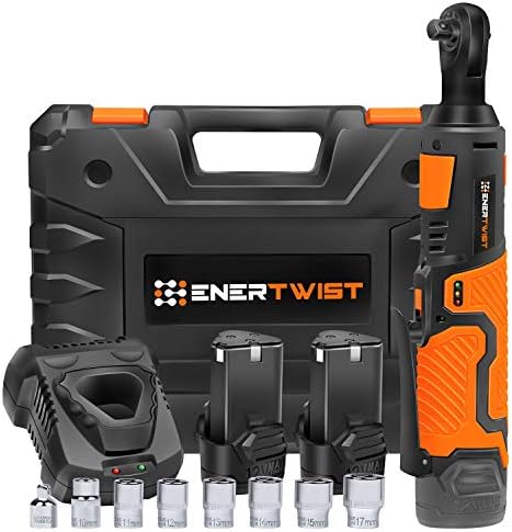 Enertwist Cordless Electric Ratchet Wrench Set, Upgraded 3/8″ 12V Power Ratchet Tool Kit with 2.0Ah Lithium-Ion Batteries, Fast Charger, 7-Pieces 3/8 Inch Metric Sockets and 1/4“ Adaptor, ET-RW-12B…