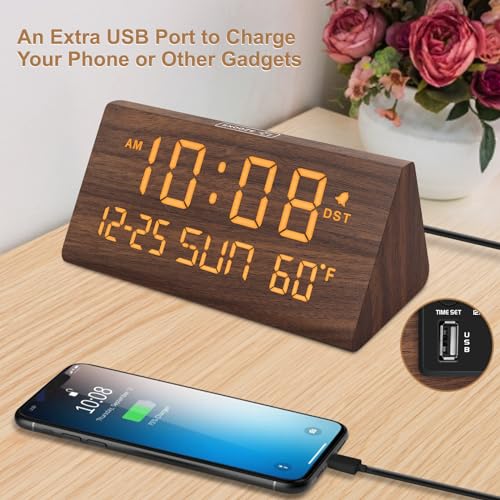 Image of DreamSky Digital Alarm Clock for Bedrooms - Wooden Desk Clock with Date | Day of Week, USB Port, Temperature, Dimmer for Bedside Table, Living Room, Office, Adjustable Volume, Auto DST, Wood Decor