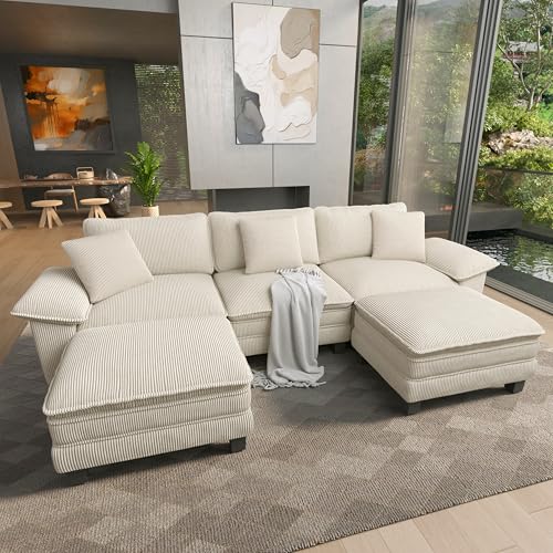 Image of HERA'S HOUSE 124 inch Oversized Modular Sectional U Shaped Sofa, Corduroy Beige | 5-Seater Living Room Couches, Wider Armrest and Deep Seat, Comfy Cloud Couch with Ottoman, Wood Sturdy Frame