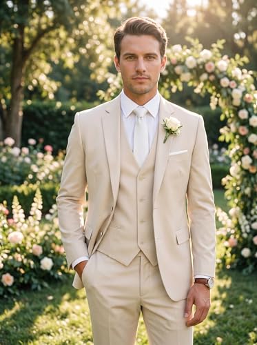 Image of WOMS Men's 3 Piece Suit Slim Fit,Mens Wedding Suit Groom Prom Tuxedo