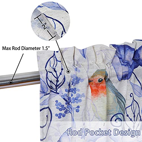 Caromio Bathroom Curtains Window With Bird And Leaves Printed, Floral Small Short Tier Curtains For Kitchen 36 Inch Long, Linen Blend Fabric Machine Washable, Navy Blue, 26" W X 36" L, Set Of 2 #TOP2