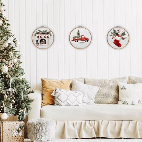 Image of EOBTAIN 3 Pcs Christmas Embroidery Kit for Beginners,Red Christmas Embroidery Kits for Adults,Cross Stitch Kits for Beginners with Pattern, Needles, Threads, Tools,Hand DIY Craft Kits for Adults