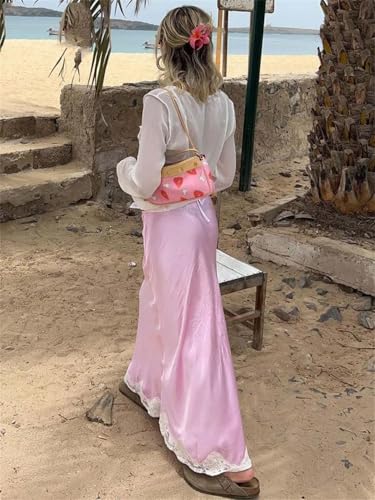 Women Elegant Pink Lace Casual Low Waisted Patchwork Skirts Streetwear Straight Ankle-Length Skirt4